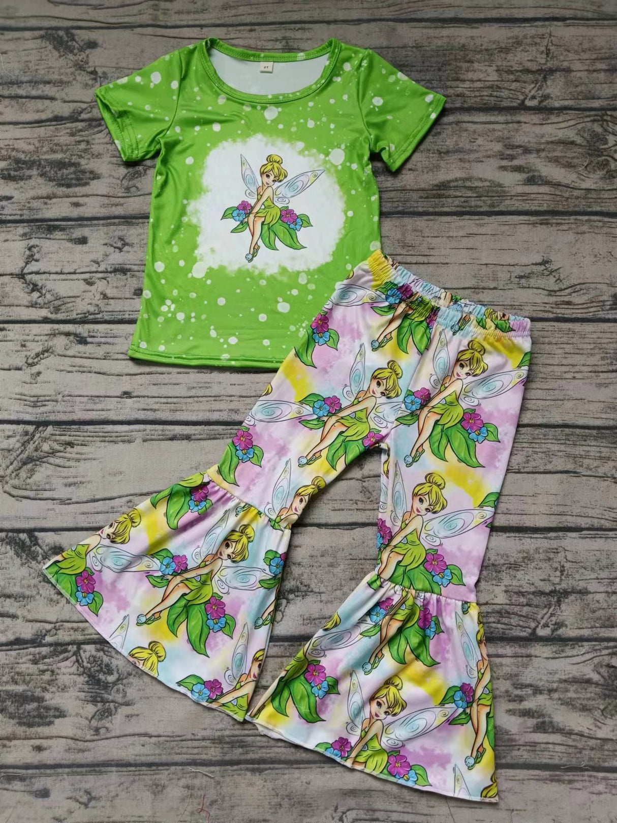 MOQ 3 Short sleeves green bleached top pants girls clothes