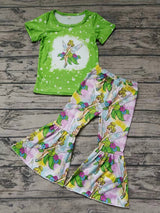 MOQ 3 Short sleeves green bleached top pants girls clothes