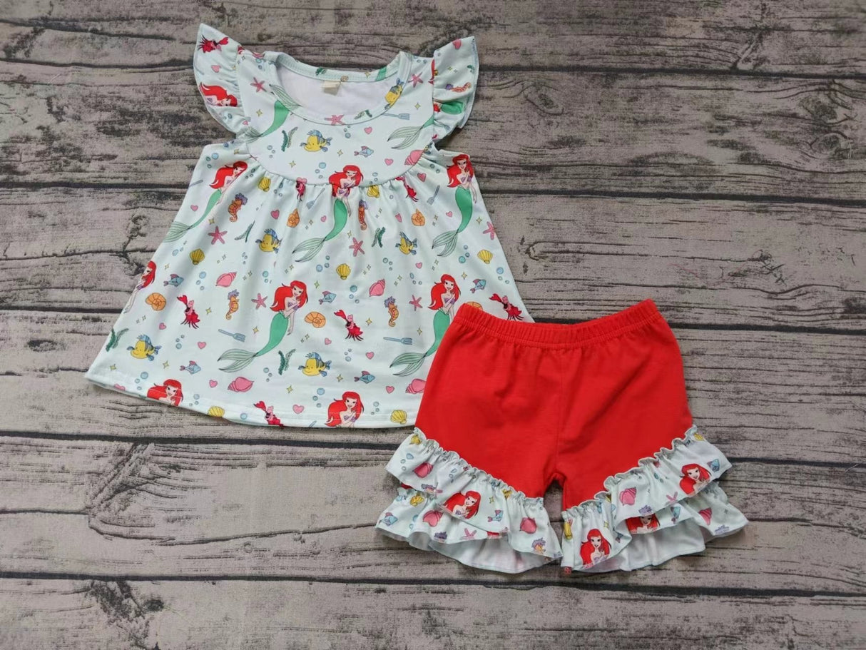 MOQ 3 Flutter sleeves fish princess tunic shorts girls clothes