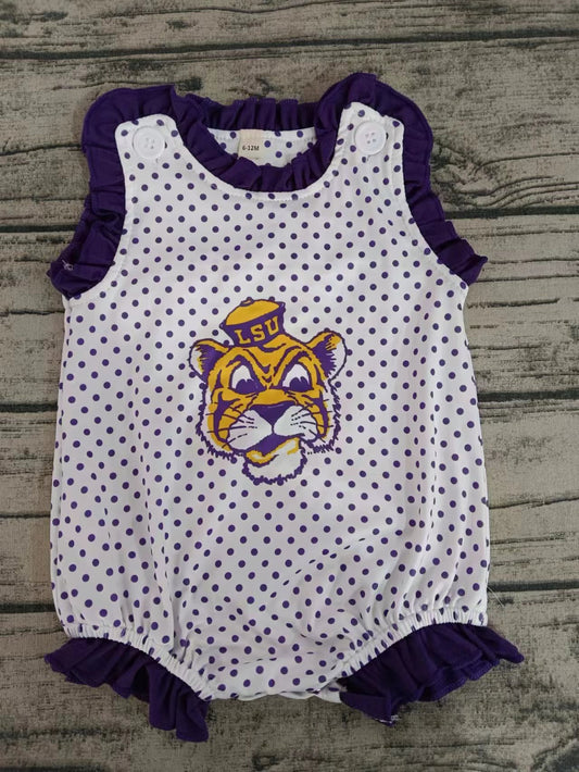 MOQ 3 pcs purple polka dots sleeveless tiger baby girl team romper