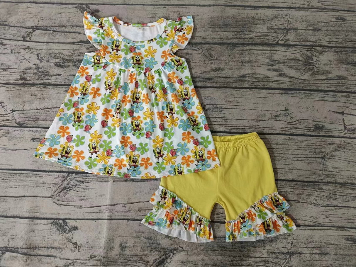 MOQ 3 pcs yellow floral tunic shorts girls summer outfits