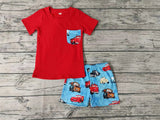 MOQ 3 pcs red pocket top car shorts boys summer clothes