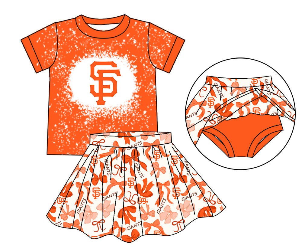 MOQ 3 pcs S F bleached top bow skirt girls team outfits