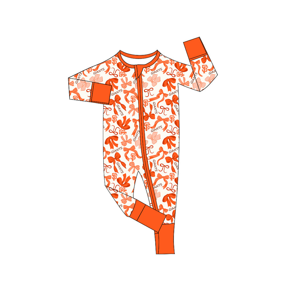 MOQ 3 pcs long sleeves S F orange bows baby team zip romper