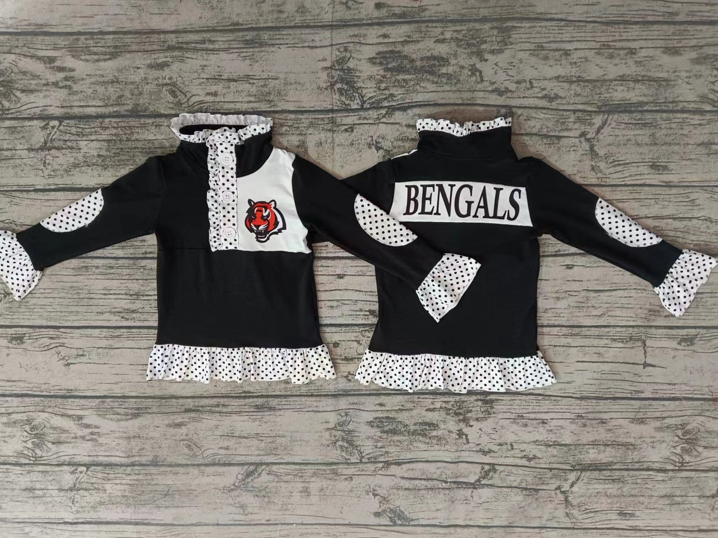 MOQ 3 pcs black tiger polka dots girls team pullover