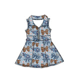 MOQ 5 pcs sleeveless light blue bow girls zipper team athletic dress