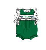 MOQ 5 pcs green flying sleeves white polka dots bow G baby girls team romper