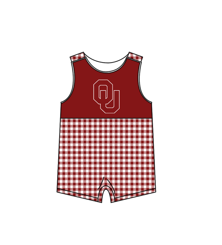 MOQ 5 pcs maroon plaids sleeveless OU baby boys team romper