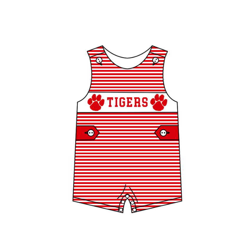 MOQ 5 pcs red stripe sleeveless TIGERS baby boys team romper