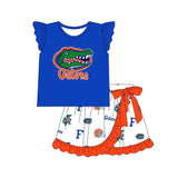 MOQ 3 pcs Flutter sleeves crocodile blue top skirt girls team outfits