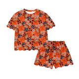 MOQ 5 pcs short sleeves football orange bow scallop girls team outfits
