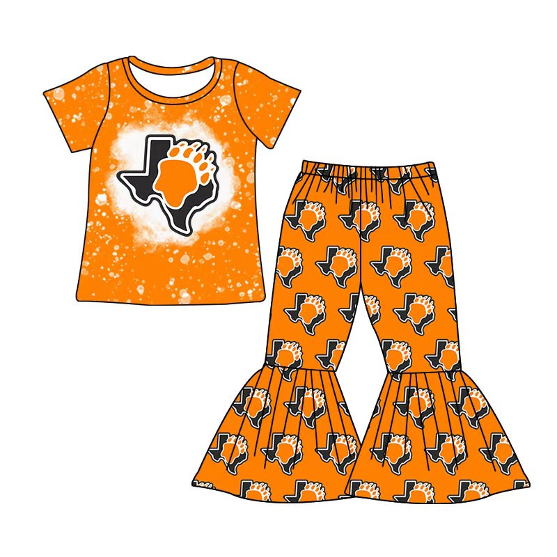 MOQ 5 orange bleached top bell bottom pants girls team outfits