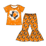 MOQ 5 orange bleached top bell bottom pants girls team outfits