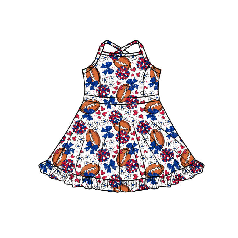 MOQ 5 pcs straps red blue bow floral heart football girls team athletic dress