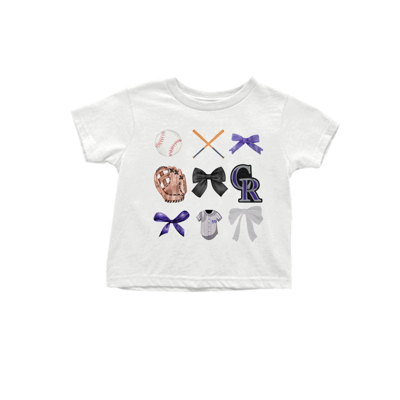 MOQ 3 pcs White short sleeves black bow C R baseball kids team shirt