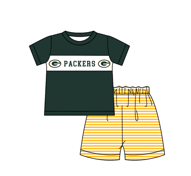 MOQ 5 pcs dark green short sleeves G top yellow stripe shorts boys team outfit