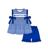 MOQ 5 pcs Blue stripe U K bow tunic ruffle shorts girls team outfit