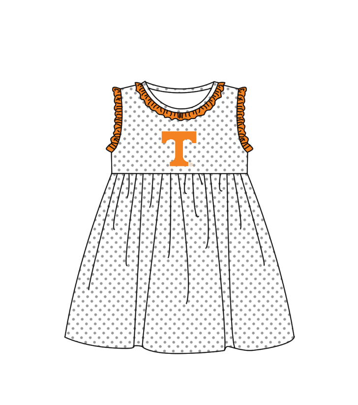 MOQ 5 pcs orange ruffle sleeveless white polka dots T girls team dresses