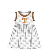 MOQ 5 pcs orange ruffle sleeveless white polka dots T girls team dresses