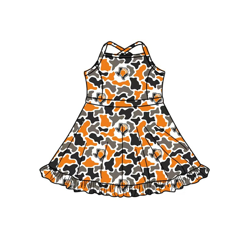 MOQ 5 pcs sleeveless straps orange camo girls team athletic dress