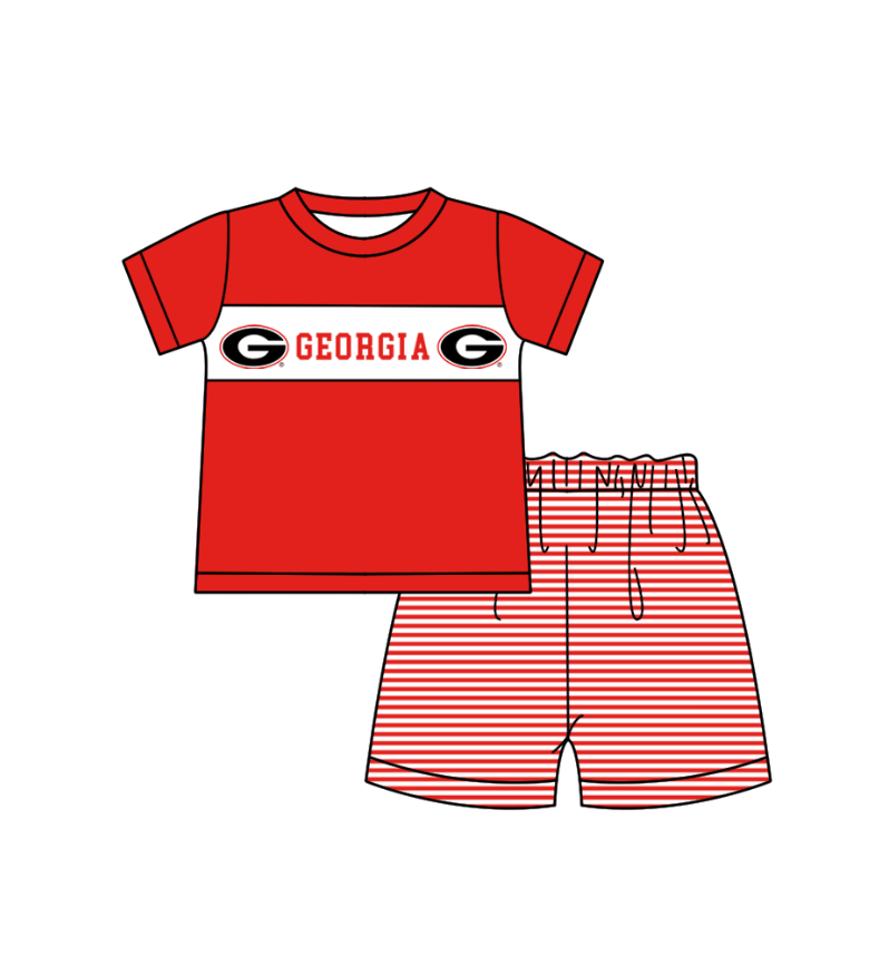 MOQ 5 pcs red short sleeves G top stripe shorts boys team outfit