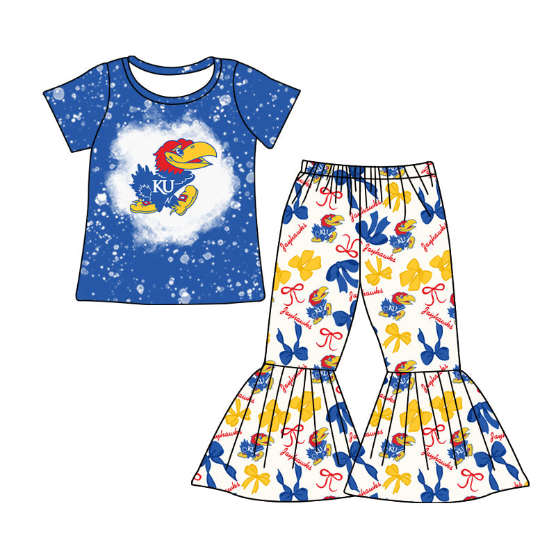 MOQ 3 pcs bleached blue K U top bow pants girls team clothes