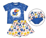 MOQ 3 pcs red K U bleached top bow skirt girls team outfits