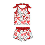 MOQ 3 pcs sleeveless red O bow top shorts girls team clothes