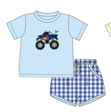 MOQ 5 pcs short sleeves car top plaid shorts kids boys outfits