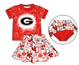 MOQ 3 pcs red G bleached top bow skirt girls team outfits
