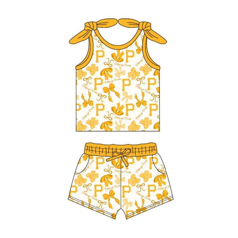 MOQ 3 pcs sleeveless P yellow bow top shorts girls team clothes