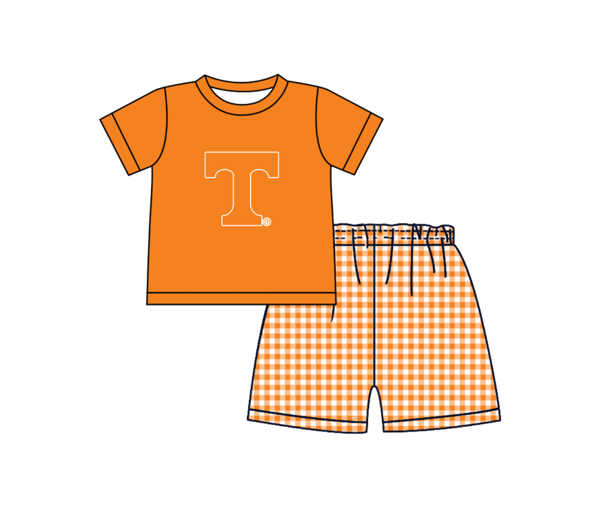 MOQ 5 pcs orange short sleeves T top plaids shorts boys team outfit