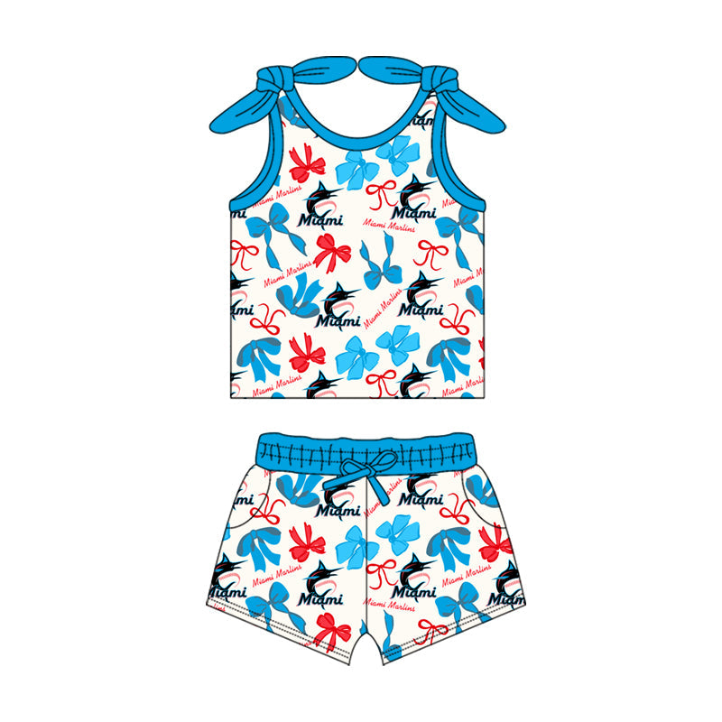 MOQ 3 pcs sleeveless M light blue bow top shorts girls team clothes