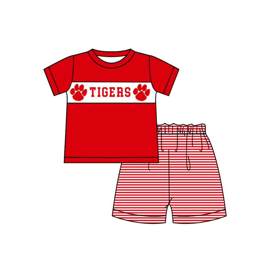 MOQ 5 pcs red short sleeves TIGERS top stripe shorts boys team outfit