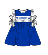 MOQ 5 pcs blue flying sleeves white polka dots bow UK girls team dresses