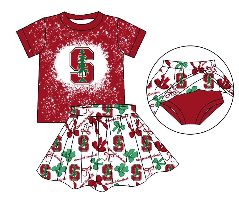 MOQ 3 pcs red S bleached top bow skirt girls team outfits