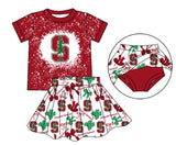 MOQ 3 pcs red S bleached top bow skirt girls team outfits