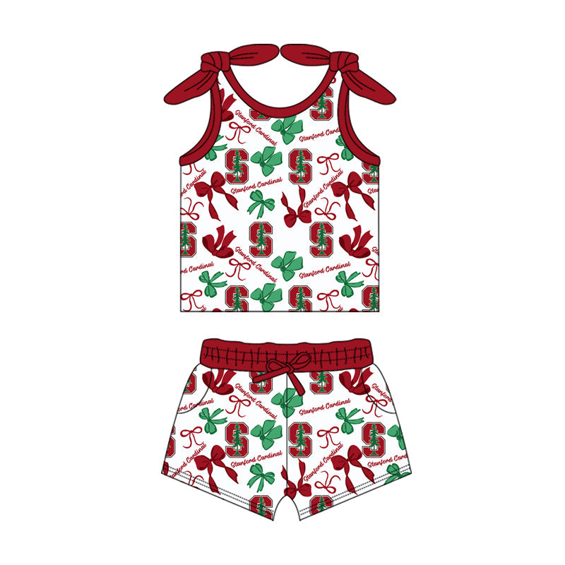 MOQ 3 pcs sleeveless S red bow top shorts girls team clothes