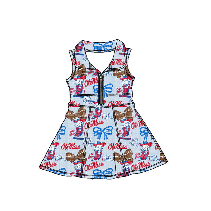 MOQ 5 pcs sleeveless O M bow girls zipper team athletic dress