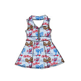 MOQ 5 pcs sleeveless O M bow girls zipper team athletic dress