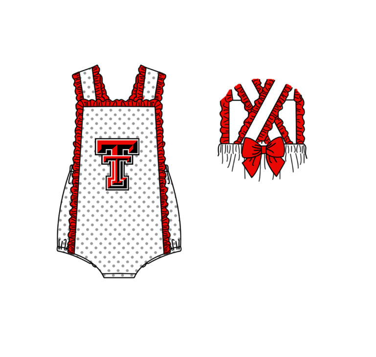 MOQ 5 pcs white polka dots sleeveless orange-red bow T baby girls team romper