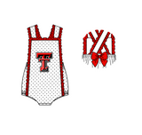 MOQ 5 pcs white polka dots sleeveless orange-red bow T baby girls team romper