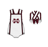 MOQ 5 pcs white polka dots sleeveless brown bow M baby girls team romper