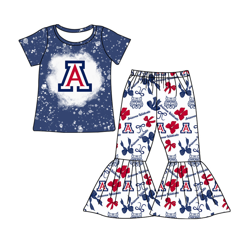 MOQ 3 pcs bleached blue A top bow pants girls team clothes