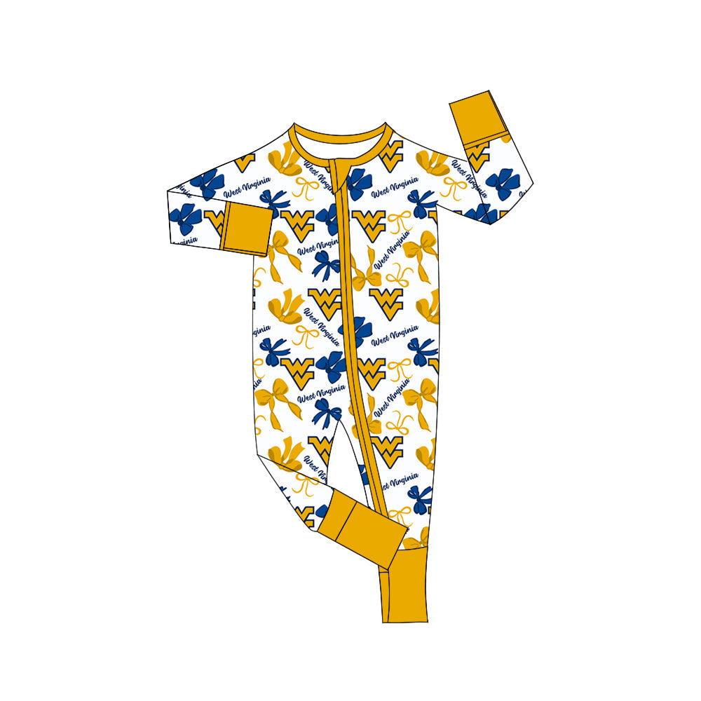 MOQ 3 pcs long sleeves W V bows baby team zip romper