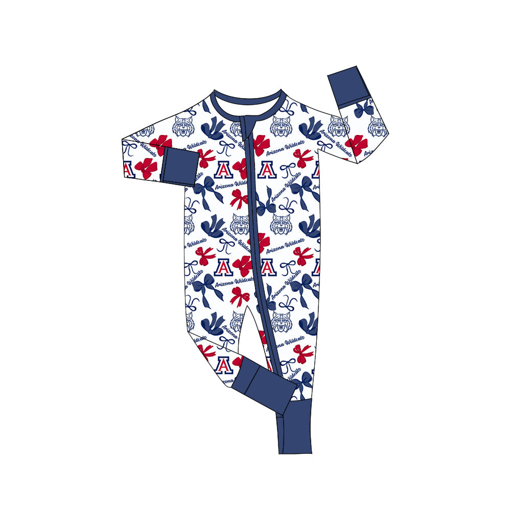 MOQ 3 pcs long sleeves A blue bows baby team zip romper