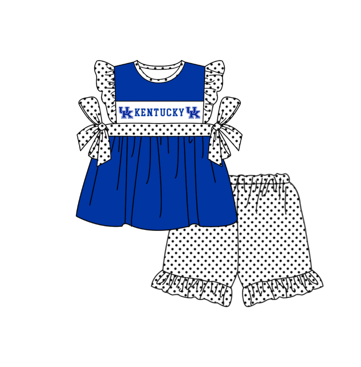 MOQ 5 pcs blue bow UK tunic white polka dots ruffle shorts girls team outfit