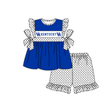 MOQ 5 pcs blue bow UK tunic white polka dots ruffle shorts girls team outfit