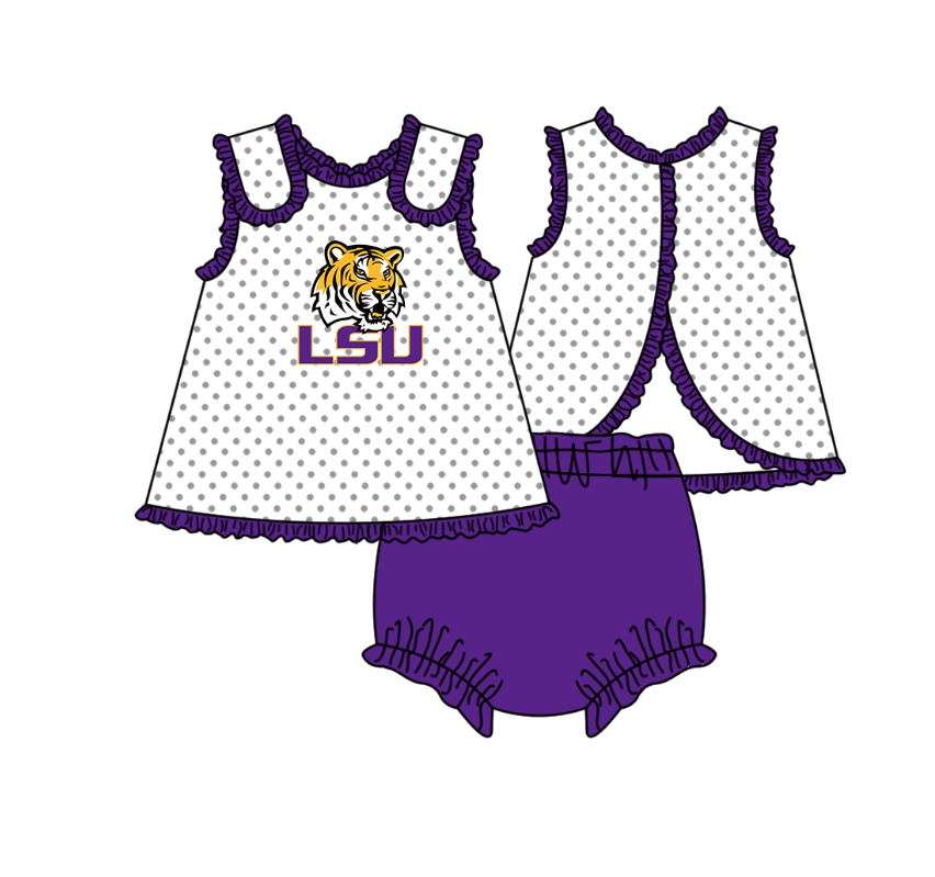 MOQ 5 pcs white polka dots sleeveless LSU tunic purple bummies baby girls team set