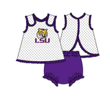 MOQ 5 pcs white polka dots sleeveless LSU tunic purple bummies baby girls team set